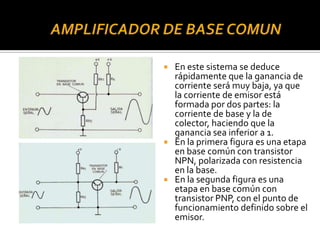  En este sistema se deduce
rápidamente que la ganancia de
corriente será muy baja, ya que
la corriente de emisor está
formada por dos partes: la
corriente de base y la de
colector, haciendo que la
ganancia sea inferior a 1.
 En la primera figura es una etapa
en base común con transistor
NPN, polarizada con resistencia
en la base.
 En la segunda figura es una
etapa en base común con
transistor PNP, con el punto de
funcionamiento definido sobre el
emisor.
 