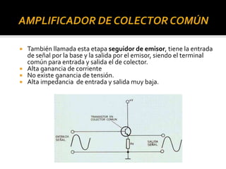  También llamada esta etapa seguidor de emisor, tiene la entrada
de señal por la base y la salida por el emisor, siendo el terminal
común para entrada y salida el de colector.
 Alta ganancia de corriente
 No existe ganancia de tensión.
 Alta impedancia de entrada y salida muy baja.
 