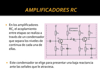  En los amplificadores
RC, el acoplamiento
entre etapas se realiza a
través de un condensador
que separa los niveles de
continua de cada una de
ellas.
 Este condensador se elige para presentar una baja reactancia
ante las señales que le atraviesa.
 