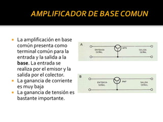    La amplificación en base
    común presenta como
    terminal común para la
    entrada y la salida a la
    base. La ...