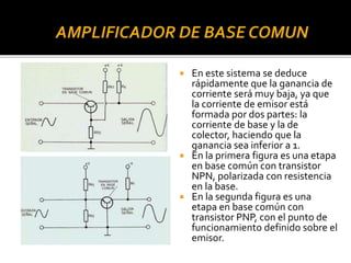  En este sistema se deduce
rápidamente que la ganancia de
corriente será muy baja, ya que
la corriente de emisor está
formada por dos partes: la
corriente de base y la de
colector, haciendo que la
ganancia sea inferior a 1.
 En la primera figura es una etapa
en base común con transistor
NPN, polarizada con resistencia
en la base.
 En la segunda figura es una
etapa en base común con
transistor PNP, con el punto de
funcionamiento definido sobre el
emisor.
 