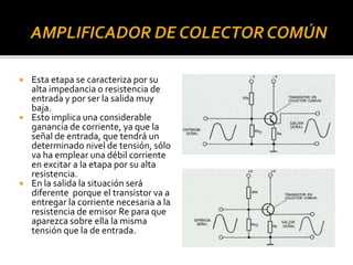  Esta etapa se caracteriza por su
alta impedancia o resistencia de
entrada y por ser la salida muy
baja.
 Esto implica una considerable
ganancia de corriente, ya que la
señal de entrada, que tendrá un
determinado nivel de tensión, sólo
va ha emplear una débil corriente
en excitar a la etapa por su alta
resistencia.
 En la salida la situación será
diferente porque el transistor va a
entregar la corriente necesaria a la
resistencia de emisor Re para que
aparezca sobre ella la misma
tensión que la de entrada.
 