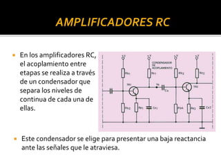  En los amplificadores RC,
el acoplamiento entre
etapas se realiza a través
de un condensador que
separa los niveles de
continua de cada una de
ellas.
 Este condensador se elige para presentar una baja reactancia
ante las señales que le atraviesa.
 