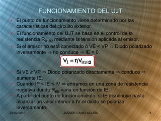 FUNCIONAMIENTO DEL UJT
• El punto de funcionamiento viene determinado por las
características del circuito exterior.
• El funcionamiento del UJT se basa en el control de la
resistencia RB1B2 mediante la tensión aplicada al emisor.
• Si el emisor no está conectado ó VE < VP ⇒ Diodo polarizado
inversamente ⇒ no conduce ⇒ IE = 0.
• Si VE ≥ VP ⇒ Diodo polarizado directamente ⇒ conduce ⇒
aumenta IE.
• Cuando IP < IE < IV ⇒ entramos en una zona de resistencia
negativa donde RBB varia en función de IE.
• A partir del punto de funcionamiento, si IE disminuye hasta
alcanzar un valor inferior a IV el diodo se polariza
inversamente.
23/02/2010 5JASSER CAHUI ACUÑA
 