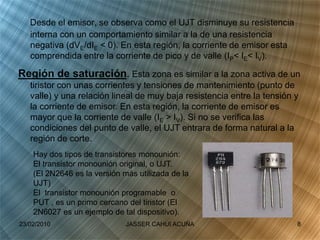 Desde el emisor, se observa como el UJT disminuye su resistencia
interna con un comportamiento similar a la de una resistencia
negativa (dVE/dIE < 0). En esta región, la corriente de emisor esta
comprendida entre la corriente de pico y de valle (IP< IE< IV).
Región de saturación. Esta zona es similar a la zona activa de un
tiristor con unas corrientes y tensiones de mantenimiento (punto de
valle) y una relación lineal de muy baja resistencia entre la tensión y
la corriente de emisor. En esta región, la corriente de emisor es
mayor que la corriente de valle (IE > IV). Si no se verifica las
condiciones del punto de valle, el UJT entrara de forma natural a la
región de corte.
Hay dos tipos de transistores monounión:
El transistor monounión original, o UJT.
(El 2N2646 es la versión más utilizada de la
UJT)
El transistor monounión programable o
PUT , es un primo cercano del tiristor (El
2N6027 es un ejemplo de tal dispositivo).
23/02/2010 8JASSER CAHUI ACUÑA
 