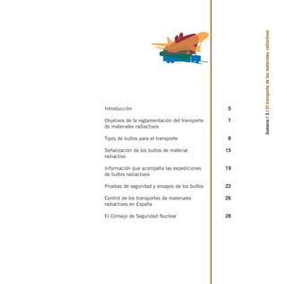 Sumario
/
3
/
El
transporte
de
los
materiales
radiactivos
Introducción
Objetivos de la reglamentación del transporte
de materiales radiactivos
Tipos de bultos para el transporte
Señalización de los bultos de material
radiactivo
Información que acompaña las expediciones
de bultos radiactivos
Pruebas de seguridad y ensayos de los bultos
Control de los transportes de materiales
radiactivos en España
El Consejo de Seguridad Nuclear
5
7
8
15
19
22
26
28
folleto completo 11/2/09 16:50 Página 3
 