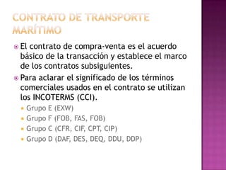  El contrato de compra-venta es el acuerdo
  básico de la transacción y establece el marco
  de los contratos subsiguientes.
 Para aclarar el significado de los términos
  comerciales usados en el contrato se utilizan
  los INCOTERMS (CCI).
     Grupo E (EXW)
     Grupo F (FOB, FAS, FOB)
     Grupo C (CFR, CIF, CPT, CIP)
     Grupo D (DAF, DES, DEQ, DDU, DDP)
 
