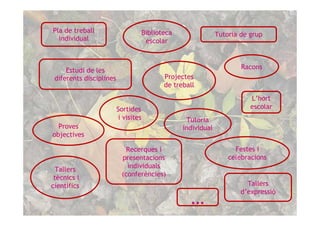 Pla de treball                        Biblioteca                Tutoria de grup
  individual                           escolar



     Estudi de les                                                      Racons
 diferents disciplines                       Projectes
                                             de treball
                                                                           L’hort
                         Sortides                                          escolar
                          i visites                  Tutoria
  Proves                                           individual
objectives

                             Recerques i                              Festes i
                           presentacions                            celebracions
                             individuals
  Tallers
                           (conferències)
 tècnics i
científics                                                                Tallers
                                                                        d’expressió
                                                     …
 
