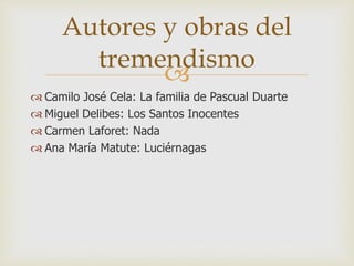 
 Camilo José Cela: La familia de Pascual Duarte
 Miguel Delibes: Los Santos Inocentes
 Carmen Laforet: Nada
 Ana María Matute: Luciérnagas
Autores y obras del
tremendismo
 