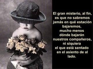 El gran misterio, al fin,  es que no sabremos jamás en qué estación bajaremos,  mucho menos  dónde bajarán  nuestros compañeros,  ni siquiera  el que está sentado  en el asiento de al lado.  