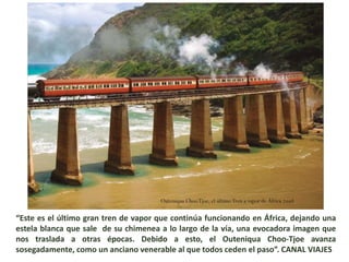 “Este es el último gran tren de vapor que continúa funcionando en África, dejando una
estela blanca que sale de su chimenea a lo largo de la vía, una evocadora imagen que
nos traslada a otras épocas. Debido a esto, el Outeniqua Choo-Tjoe avanza
sosegadamente, como un anciano venerable al que todos ceden el paso”. CANAL VIAJES
 