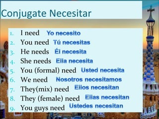 Conjugate Necesitar
 1.   I need
 2.   You need
 3.   He needs
 4.   She needs
 5.   You (formal) need
 6.   We need
 7.   They(mix) need
 8.   They (female) need
 9.   You guys need
 