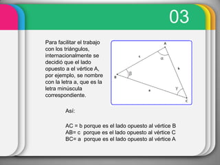 03Para facilitar el trabajo con los triángulos, internacionalmente se decidió que el lado opuesto a el vértice A, por ejemplo, se nombre con la letra a, que es la letra minúscula correspondiente. Así: AC = b porque es el lado opuesto al vértice BAB= c  porque es el lado opuesto al vértice CBC= a  porque es el lado opuesto al vértice A