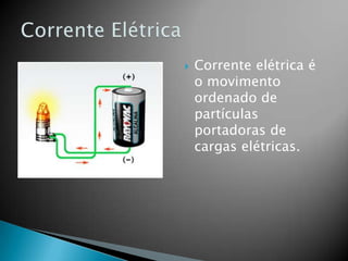 

Corrente elétrica é
o movimento
ordenado de
partículas
portadoras de
cargas elétricas.

 