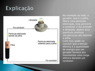 No exemplo ao lado, o
gerador, que é a pilha,
libera uma partícula
eletrizada, esta percorre

o condutor e faz acender
a lâmpada, depois essa
partícula continua
seu percurso até retornar
à pilha.
Com isso, pode-se
concluir que a tensão
elétrica é a quantidade
de energia que um
gerador fornece pra
movimentar uma carga
elétrica durante um
condutor.

 