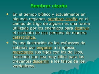 Sembrar cizaña En el tiempo bíblico y actualmente en algunas regiones,  sembrar cizaña  en el campo de trigo de alguien es una forma utilizada por los enemigos para  destruir   el sustento de esa persona de manera  catastrófica. Es una ilustración de los esfuerzos de satanás por  engañar  a la iglesia,  mezclando  sus hijos con los de Dios, haciendo que sea muy difícil para los creyentes  discernir  a los falsos de los verdaderos. 
