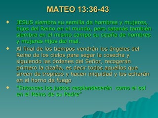 MATEO 13:36-43 JESUS siembra su semilla de hombres y mujeres, hijos del Reino en el mundo, pero satanás también siembra en el mismo campo su cizaña de hombres y mujeres hijos del mal. Al final de los tiempos vendrán los ángeles del Reino de los cielos para segar la cosecha y siguiendo las órdenes del Señor, recogerán primero la cizaña, es decir todos aquellos que sirven de tropiezo y hacen iniquidad y los echarán en el horno de fuego “ Entonces los justos resplandecerán  como el sol en el Reino de su Padre” 