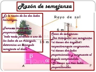 Razón de semejanza
Es la razón de los dos lados
homólogos.

Teorema básico de la
proporcionalidad:               Casos de semejanza:
“toda recta paralela a uno de   Dos triángulos son semejantes
los lados de un triangulo,      •si tienen dos ángulos
determina un triangulo          respectivamente congruentes.
semejante al dado.”             •si tienen dos lados
                                proporcionales y congruente el
                                ángulo comprendido.
                                •Si tienen sus tres lados
                                proporcionales.
 