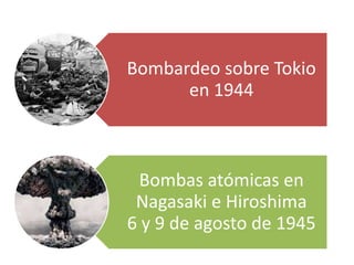 Bombardeo sobre Tokio
en 1944
Bombas atómicas en
Nagasaki e Hiroshima
6 y 9 de agosto de 1945
 