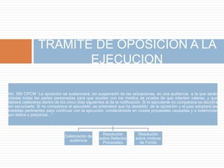 Art. 580 CPCM “La oposición se sustanciará, sin suspensión de las actuaciones, en una audiencia a la que serán
citadas todas las partes personadas para que acudan con los medios de prueba de que intenten valerse, y que
deberá celebrarse dentro de los cinco días siguientes al de la notificación. Si el ejecutante no comparece se decidirá
sin escucharle. Si no comparece el ejecutado, se entenderá que ha desistido de la oposición y el juez adoptará las
medidas pertinentes para continuar con la ejecución, condenándole en costas procesales causadas y a indemnizar
por daños y perjuicios…"
Celebración de
audiencia
Resolución
sobre Defectos
Procesales
Resolución
sobre motivos
de Fondo
TRAMITE DE OPOSICION A LA
EJECUCION
 