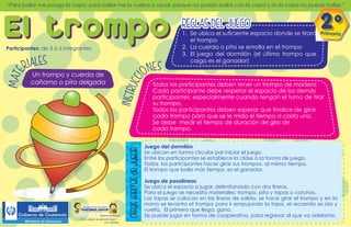 Participantes: de 3 a 5 integrantes
Participantes:
Participantes: de 3 a 5 integrantes
de 3 a 5 integrantes
de 3 a 5 integrantes
El trompo
I
N
S
T
R
U
C
C
I
ONES
Un trompo y cuerda de
cañamo o pita delgada
M
A
T
E
RIALES
1. Se ubica el suficiente espacio donde se tirará
el trompo
2. La cuerda o pita se enrolla en el trompo
3. El juego del dormilón (el último trompo que
caiga es el ganador)
Todos los participantes deben tener un trompo de madera.
Cada participante debe respetar el espacio de los demás
participantes, especialmente cuando tengan el turno de tirar
su trompo.
Todos los participantes deben esperar que finalice de girar
cada trompo para que se le mida el tiempo a cada uno.
Se debe medir el tiempo de duración de giro de
cada trompo.
“Para bailar me pongo la capa, para bailar me la vuelvo a sacar, porque no puedo bailar con la capa y sin la capa no puedo bailar.”
REGLAS DEL JUEGO
REGLAS DEL JUEGO
otras
formas
de
jugar
Juego del dormilón
Se ubican en forma circular par iniciar el juego.
Entre los participantes se establece la clase o la forma de juego.
Todos los participantes hacer girar sus trompos, al mismo tiempo.
El trompo que baila más tiempo, es el ganador.
Juego de pasalíneas
Se ubica el espacio a jugar, delimitandolo con dos líneas.
Para el juego se necesita materiales: trompo, pita y tapas o corchos.
Las tapas se colocan en las líneas de salida, se hace girar el trompo y en la
mano se levanta el trompo para ir empujando la tapa, el recorrido es ida y
vuelta. El primero que llega, gana.
Se puede jugar en forma de cooperativa, para regresar al que va adelante.
1. Se ubica el suficiente espacio donde se tirará
1. Se ubica el suficiente espacio donde se tirará
2o
Primaria
 