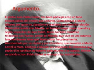 El pintor Juan Pablo Castel, nos hace partícipes con un tono existencialista del crimen que cometió. Castel conoce a María Iribarne por quien se obsesiona y mantiene una extraña relación. María está casada con Allende, un hombre ciego mayor que ella y según sospechas de Juan Pablo, María también mantiene relaciones con Hunter, primo de Allende, que vive en una estancia fuera de Buenos Aires que María visita frecuentemente. Atormentado por sus dudas y por el misterio que envuelve a María, Castel la mata. Confiesa a Allende sus sospechas de infidelidad que según él lo justifican de haberle dado muerte a su esposa. Allende se suicida y Juan Pablo Castel se entrega a las autoridades.. Argumento.. 