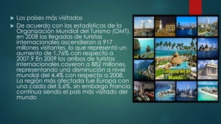 Los países más visitados
 De acuerdo con las estadísticas de la
Organización Mundial del Turismo (OMT),
en 2008 las llegadas de turistas
internacionales ascendieron a 917
millones visitantes, lo que representó un
aumento de 1,76% con respecto a
2007.9 En 2009 los arribos de turistas
internacionales cayeron a 882 millones,
representando una disminución a nivel
mundial del 4,4% con respecto a 2008.
La región más afectada fue Europa con
una caída del 5,6%, sin embargo Francia
continua siendo el país más visitado del
mundo.
 