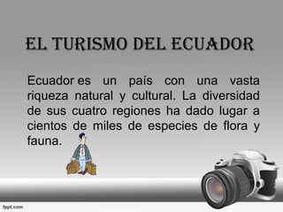 EL TURISMO DEL ECUADOR
Ecuador es  un  país  con  una  vasta 
riqueza  natural  y  cultural.  La  diversidad 
de  sus  cuatro  regiones  ha  dado  lugar  a 
cientos  de  miles  de  especies  de  flora  y 
fauna.
 
