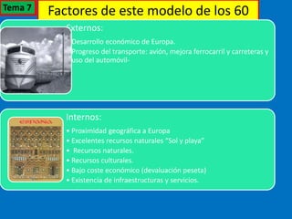 Factores de este modelo de los 60
Externos:
• Desarrollo económico de Europa.
• Progreso del transporte: avión, mejora ferrocarril y carreteras y
uso del automóvil-
Internos:
• Proximidad geográfica a Europa
• Excelentes recursos naturales “Sol y playa”
• Recursos naturales.
• Recursos culturales.
• Bajo coste económico (devaluación peseta)
• Existencia de infraestructuras y servicios.
Tema 7
 