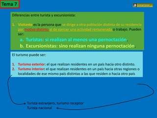 El turismo en España
Diferencias entre turista y excursionista:
1. Visitante es la persona que se dirige a otra población distinta de su residencia
por motivo distinto al de ejercer una actividad remunerada o trabajo. Pueden
ser:
a. Turistas: si realizan al menos una pernoctación.
b. Excursionistas: sino realizan ninguna pernoctación.
El turismo puede ser:
1. Turismo exterior: el que realizan residentes en un país hacia otro distinto.
2. Turismo interior: el que realizan residentes en un país hacia otras regiones o
localidades de ese mismo país distintas a las que residen o hacia otro país
Turista extranjero, turismo receptor
Turista nacional
Tema 7
 