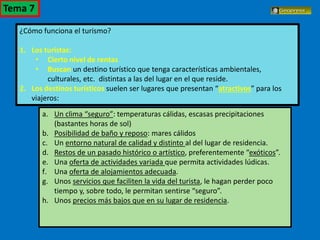 El turismo en España
¿Cómo funciona el turismo?
1. Los turistas:
• Cierto nivel de rentas
• Buscan un destino turístico que tenga características ambientales,
culturales, etc. distintas a las del lugar en el que reside.
2. Los destinos turísticos suelen ser lugares que presentan “atractivos” para los
viajeros:
a. Un clima “seguro”: temperaturas cálidas, escasas precipitaciones
(bastantes horas de sol)
b. Posibilidad de baño y reposo: mares cálidos
c. Un entorno natural de calidad y distinto al del lugar de residencia.
d. Restos de un pasado histórico o artístico, preferentemente “exóticos”.
e. Una oferta de actividades variada que permita actividades lúdicas.
f. Una oferta de alojamientos adecuada.
g. Unos servicios que faciliten la vida del turista, le hagan perder poco
tiempo y, sobre todo, le permitan sentirse “seguro”.
h. Unos precios más bajos que en su lugar de residencia.
Tema 7
 