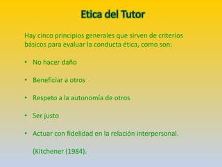 Etica del Tutor
Hay cinco principios generales que sirven de criterios
básicos para evaluar la conducta ética, como son:
• No hacer daño
• Beneficiar a otros
• Respeto a la autonomía de otros
• Ser justo
• Actuar con fidelidad en la relación interpersonal.
(Kitchener (1984).
 