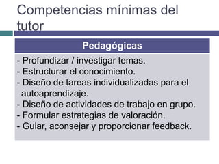 Competencias mínimas del
tutor
Pedagógicas
- Profundizar / investigar temas.
- Estructurar el conocimiento.
- Diseño de tareas individualizadas para el
autoaprendizaje.
- Diseño de actividades de trabajo en grupo.
- Formular estrategias de valoración.
- Guiar, aconsejar y proporcionar feedback.
 
