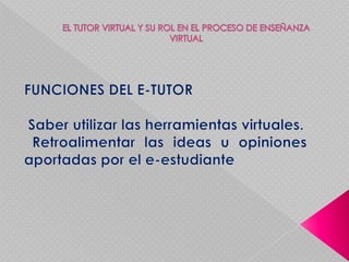  Retroalimentar las ideas u opiniones aportadas por el e-estudianteEL TUTOR VIRTUAL Y SU ROL EN EL PROCESO DE ENSEÑANZA VIRTUALTUTORVIRTUALINICIAR LAS DISCUSIONES O ANALISIS O PARTICIPACIONIMPULSA LAS PARTICIPACIONESCONDUCE O ACONSEJA LAS APORTACIONESINDICA EL CAMINO PARA ALCANZAR LOS PROPOSITOS 