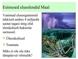 Esimesed elusolendid Maal Vanimad elusorganismid tekkisid umbes 4 miljardit aastat tagasi ning olid tõenäoliselt bakterite sarnased. Üherakulised Tuumata  Miks ei ole elu teke tänapäeval võimalik? 