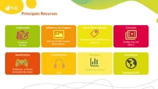 Principais Recursos
Colaboração
Feedback
Revisão
Gamification
Emblemas e Pontos
Conteúdo não-linear
Acessíbilidade
JAWs
Biblioteca de Imagens
Mais de 25.000 imagens
ElearningArt.
Marca Personalizada
Templates pré definidos ou
próprios
Analytics
Projetos e alunos
Localização
Tradução XLIFF
Conteúdo
SCORM,TIN CAN
Html 5
 