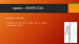 Dr Prasanna N Mogasale
CARDINAL FEATURE:
§ Weakness of one half of body with or without
involvement of face
प ाघात – HEMIP...