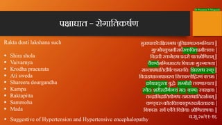 Dr Prasanna N Mogasale
प ाघात – रोगाितकषण
Rakta dusti lakshana such
§ Shira shola
§ Vaivarnya
§ Krodha pracurata
§ Ati swe...