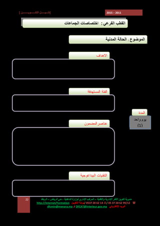 ‫]دﻟـــﯿــــــﻞ اﻟﺘﻜـــــــﻮﯾـــــــــﻦ [‬

‫1102 - 5102‬

‫اﻟﻘﻄﺐ اﻟﻔﺮﻋﻲ : اﺧﺘﺼﺎﺻﺎت اﻟﺠﻤﺎﻋﺎت‬
‫اﻟﻤﻮﺿﻮع : اﻟﺤﺎﻟﺔ اﻟﻤﺪﻧﯿﺔ‬
‫ﺍﻻﻫﺩﺍﻑ‬
‫ ﺍﻟﺘﺤﺴﻴﺱ ﺒﻤﻬﺎﻡ ﻭﺩﻭﺭ ﺍﻟﻀﺎﺒﻁ ﺍﻷﺼﻠﻲ ﻟﻠﺤﺎﻟﺔ ﺍﻟﻤﺩﻨﻴﺔ‬‫- ﺍﻹﻁﻼﻉ ﻭﺍﻹﻟﻤﺎﻡ ﺒﻤﺴﺅﻭﻟﻴﺎﺕ ﻀﺎﺒﻁ ﺍﻟﺤﺎﻟﺔ ﺍﻟﻤﺩﻨﻴﺔ.‬

‫ﺍﻟﻔﺌﺔ ﺍﻟﻤﺴﺘﻬﺩﻓﺔ‬
‫ ﺭﺅﺴﺎﺀ ﺍﻟﻤﺠﺎﻟﺱ ﺍﻟﺠﻤﺎﻋﻴﺔ ﻭﺭﺅﺴﺎﺀ ﺍﻟﻤﻘﺎﻁﻌﺎﺕ ﻭﻨﻭﺍﺒﻬﻡ‬‫ ﻀﺒﺎﻁ ﺍﻟﺤﺎﻟﺔ ﺍﻟﻤﺩﻨﻴﺔ ﺒﺎﻟﺘﻔﻭﻴﺽ.‬‫ﺍﻟﻤﺩﺓ‬
‫ﯾﻮم واﺣﺪ‬
‫)1(‬

‫ﻋﻨﺎﺼﺭﺍﻟﻤﻀﻤﻭﻥ‬
‫‪ E‬ﺍﻹﻁﺎﺭ ﺍﻟﻘﺎﻨﻭﻨﻲ ﺍﻟﻤﻨﻅﻡ ﻟﻠﺤﺎﻟﺔ ﺍﻟﻤﺩﻨﻴﺔ.‬
‫‪ E‬ﻤﻬﺎﻡ ﻭﺍﺨﺘﺼﺎﺼﺎﺕ ﺭﺅﺴﺎﺀ ﺍﻟﻤﺠﺎﻟﺱ ﺍﻟﺠﻤﺎﻋﻴﺔ ﻭﺭﺅﺴﺎﺀ‬
‫ﺍﻟﻤﻘﺎﻁﻌﺎﺕ ﻭﻨﻭﺍﺒﻬﻡ ﻓﻲ ﻤﺠﺎل ﺍﻟﺤﺎﻟﺔ ﺍﻟﻤﺩﻨﻴﺔ.‬
‫‪ E‬ﻤﺴﺅﻭﻟﻴﺎﺕ ﻀﺒﺎﻁ ﺍﻟﺤﺎﻟﺔ ﺍﻟﻤﺩﻨﻴﺔ.‬

‫اﻟﺘﻘﻨﯿﺎت اﻟﺒﯿﺪاﻏﻮﺟﯿﺔ‬
‫ ﻋﺮوض وﻣﻨﺎﻗﺸﺔ‬‫ دراﺳﺔ ﺣﺎﻻت‬‫ﻣﺪﯾﺮﯾﺔ ﺗﻜﻮﯾﻦ اﻷﻃﺮ اﻹدارﯾﺔ واﻟﺘﻘﻨﯿﺔ – اﻟﻤﺮﻛﺐ اﻹداري ﻟﻮزارة اﻟﺪاﺧﻠﯿﺔ ، ﺣﻲ اﻟﺮﯾﺎض – اﻟﺮﺑﺎط‬
‫( : 21/99 26 82 73 50 /7 41 26 82 7350 /ﺑﻮاﺑﺔ اﻟﺘﻜﻮﯾﻦ :‪http://Internet/Formation‬‬
‫اﻟﺒﺮﯾﺪ اﻹﻟﻜﺘﺮوﻧﻲ : ‪ DFCAT@interieur.gov.ma‬أو ‪dfcmin@menara.ma‬‬

‫22‬

 