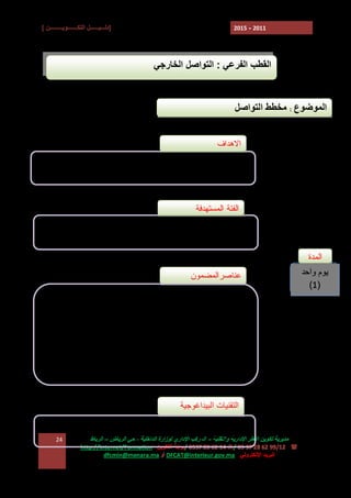 ‫]دﻟـــﯿــــــﻞ اﻟﺘﻜـــــــﻮﯾـــــــــﻦ [‬

‫1102 - 5102‬

‫اﻟﻘﻄﺐ اﻟﻔﺮﻋﻲ : اﻟﺘﻮاﺻﻞ اﻟﺨﺎرﺟﻲ‬

‫اﻟﻤﻮﺿﻮع : ﻣﺨﻄﻂ اﻟﺘﻮاﺻﻞ‬
‫ﺍﻻﻫﺩﺍﻑ‬
‫ ﺘﺤﺴﻴﺱ ﺍﻟﻤﻨﺘﺨﺒﻴﻥ ﺒﺄﻫﻤﻴﺔ ﺍﻟﺘﻭﺍﺼل ﻓﻲ ﺘﺤﺴﻴﻥ ﺘﺩﺒﻴﺭ ﺍﻟﻤﺭﺍﻓﻕ‬‫ﺍﻟﻌﻤﻭﻤﻴﺔ ﺍﻟﺠﻤﺎﻋﻴﺔ‬
‫ﺍﻟﻔﺌﺔ ﺍﻟﻤﺴﺘﻬﺩﻓﺔ‬
‫ ﺭﺅﺴﺎﺀ ﺍﻟﻤﺠﺎﻟﺱ ﺍﻟﺠﻤﺎﻋﻴﺔ ﻭﻤﺠﺎﻟﺱ ﺍﻟﻤﻘﺎﻁﻌﺎﺕ ﻭ ﻨﻭﺍﺒﻬﻡ‬‫ ﺭﺅﺴﺎﺀ ﺍﻟﻠﺠﺎﻥ‬‫ﺍﻟﻤﺩﺓ‬
‫ﯾﻮم واﺣﺪ‬
‫)1(‬

‫ﻋﻨﺎﺼﺭﺍﻟﻤﻀﻤﻭﻥ‬
‫‪ E‬ﻭﻅﺎﺌﻑ ﻭﺭﻫﺎﻨﺎﺕ ﺍﻟﺘﻭﺍﺼل ﺍﻟﺨﺎﺭﺠﻲ‬
‫‪ E‬ﺃﻨﻭﺍﻉ ﺍﻟﺘﻭﺍﺼل‬
‫‪ E‬ﺁﻟﻴﺎﺕ ﻭﻭﺴﺎﺌل ﺍﻟﺘﻭﺍﺼل‬
‫‪ E‬ﻤﻨﺎﻫﺞ ﻭﻤﺭﺍﺤل ﺇﻋﺩﺍﺩ ﻤﺨﻁﻁ ﺍﻟﺘﻭﺍﺼل‬

‫اﻟﺘﻘﻨﯿﺎت اﻟﺒﯿﺪاﻏﻮﺟﯿﺔ‬
‫ ﻋﺭﻭﺽ ﻨﻅﺭﻴﺔ‬‫ ﺘﻘﻤﺹ ﺍﻷﺩﻭﺍﺭ‬‫ﻣﺪﯾﺮﯾﺔ ﺗﻜﻮﯾﻦ اﻷﻃﺮ اﻹدارﯾﺔ واﻟﺘﻘﻨﯿﺔ – اﻟﻤﺮﻛﺐ اﻹداري ﻟﻮزارة اﻟﺪاﺧﻠﯿﺔ ، ﺣﻲ اﻟﺮﯾﺎض – اﻟﺮﺑﺎط‬
‫( : 21/99 26 82 73 50 /7 41 26 82 7350 /ﺑﻮاﺑﺔ اﻟﺘﻜﻮﯾﻦ :‪http://Internet/Formation‬‬
‫اﻟﺒﺮﯾﺪ اﻹﻟﻜﺘﺮوﻧﻲ : ‪ DFCAT@interieur.gov.ma‬أو ‪dfcmin@menara.ma‬‬

‫42‬

 