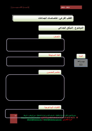 ‫]دﻟـــﯿــــــﻞ اﻟﺘﻜـــــــﻮﯾـــــــــﻦ [‬

‫1102 - 5102‬

‫اﻟﻘﻄﺐ اﻟﻔﺮﻋﻲ: اﺧﺘﺼﺎﺻﺎت اﻟﺠﻤﺎﻋﺎت‬
‫اﻟﻤﻮﺿﻮع : اﻟﻤﯿﺜﺎق اﻟﺠﻤﺎﻋﻲ‬
‫ﺍﻻﻫﺩﺍﻑ‬
‫ ﺗﺤﺴﯿﺲ اﻟﻤﻨﺘﺨﺒﯿﻦ ﺑﺎﻟﻤﻘﺘﻀﯿﺎت اﻟﻤﻌﺪﻟﺔ ﻟﻠﻤﯿﺜﺎق اﻟﺠﻤﺎﻋﻲ.‬‫ اﻹﻟﻤﺎم ﺑﺎﺧﺘﺼﺎﺻﺎت اﻟﻤﺠﺎﻟﺲ اﻟﺠﻤﺎﻋﯿﺔ وﻣﺠﺎﻟﺲ اﻟﻤﻘﺎﻃﻌﺎت‬‫ورؤﺳﺎﺋﮭﺎ‬
‫ﺍﻟﻔﺌﺔ ﺍﻟﻤﺴﺘﻬﺩﻓﺔ‬

‫ﺍﻟﻤﺩﺓ‬
‫ﯾﻮم واﺣﺪ‬
‫)1(‬

‫- ﺍﻟﻤﻨﺘﺨﺒﻭﻥ ﺍﻟﻤﺤﻠﻴﻭﻥ‬

‫ﻋﻨﺎﺼﺭﺍﻟﻤﻀﻤﻭﻥ‬
‫‪ E‬ﻗﺭﺍﺀﺓ ﻟﻠﻤﻘﺘﻀﻴﺎﺕ ﺍﻟﻤﻌﺩﻟﺔ ﻟﻠﻤﻴﺜﺎﻕ ﺍﻟﺠﻤﺎﻋﻲ )ﻗﺎﻨﻭﻥ ﺭﻗﻡ 71-80(‬
‫‪ E‬ﺍﺨﺘﺼﺎﺼﺎﺕ ﺍﻟﻤﺠﺎﻟﺱ ﺍﻟﺠﻤﺎﻋﻴﺔ‬
‫‪ E‬ﺍﺨﺘﺼﺎﺼﺎﺕ ﺭﺅﺴﺎﺀ ﺍﻟﻤﺠﺎﻟﺱ ﺍﻟﺠﻤﺎﻋﻴﺔ ﻭﺭﺅﺴﺎﺀ ﺍﻟﻤﻘﺎﻁﻌﺎﺕ‬

‫اﻟﺘﻘﻨﯿﺎت اﻟﺒﯿﺪاﻏﻮﺟﯿﺔ‬
‫ ﻋﺮوض وﻣﻨﺎﻗﺸﺔ‬‫ﻣﺪﯾﺮﯾﺔ ﺗﻜﻮﯾﻦ اﻷﻃﺮ اﻹدارﯾﺔ واﻟﺘﻘﻨﯿﺔ – اﻟﻤﺮﻛﺐ اﻹداري ﻟﻮزارة اﻟﺪاﺧﻠﯿﺔ ، ﺣﻲ اﻟﺮﯾﺎض – اﻟﺮﺑﺎط‬
‫( : 21/99 26 82 73 50 /7 41 26 82 7350 /ﺑﻮاﺑﺔ اﻟﺘﻜﻮﯾﻦ :‪http://Internet/Formation‬‬
‫اﻟﺒﺮﯾﺪ اﻹﻟﻜﺘﺮوﻧﻲ : ‪ DFCAT@interieur.gov.ma‬أو ‪dfcmin@menara.ma‬‬

‫31‬

 