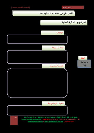 ‫]دﻟـــﯿــــــﻞ اﻟﺘﻜـــــــﻮﯾـــــــــﻦ [‬

‫1102 - 5102‬

‫اﻟﻘﻄﺐ اﻟﻔﺮﻋﻲ: اﺧﺘﺼﺎﺻﺎت اﻟﺠﻤﺎﻋﺎت‬
‫اﻟﻤﻮﺿﻮع : اﻟﻤﺎﻟﯿﺔ اﻟﻤﺤﻠﯿﺔ‬

‫ﺍﻻﻫﺩﺍﻑ‬
‫ ﺘﺤﺴﻴﺱ ﺍﻟﻤﻨﺘﺨﺒﻴﻥ ﺒﻤﺴﺘﺠﺩﺍﺕ ﺍﻟﺘﻨﻅﻴﻡ ﺍﻟﻤﺎﻟﻲ ﺍﻟﻤﺤﻠﻲ‬‫ ﻀﺒﻁ ﻤﺴﺎﻁﺭ ﺇﻋﺩﺍﺩ ﻭﺘﻨﻔﻴﺫ ﻤﻴﺯﺍﻨﻴﺔ ﺍﻟﺠﻤﺎﻋﺎﺕ‬‫ﺍﻟﻔﺌﺔ ﺍﻟﻤﺴﺘﻬﺩﻓﺔ‬

‫ﺍﻟﻤﺩﺓ‬
‫ﯾﻮم واﺣﺪ‬
‫)1(‬

‫ ﺭﺅﺴﺎﺀ ﺍﻟﻤﺠﺎﻟﺱ ﺍﻟﺠﻤﺎﻋﻴﺔ‬‫ ﺍﻟﻤﻨﺘﺨﺒﻭﻥ ﺃﻋﻀﺎﺀ ﺍﻟﻠﺠﻨﺔ ﺍﻟﻤﻜﻠﻔﺔ ﺒﺎﻟﺘﺨﻁﻴﻁ ﻭﺍﻟﺸﺅﻭﻥ ﺍﻻﻗﺘﺼﺎﺩﻴﺔ‬‫ﻭﺍﻟﻤﻴﺯﺍﻨﻴﺔ ﻭﺍﻟﻤﺎﻟﻴﺔ‬
‫ﻋﻨﺎﺼﺭﺍﻟﻤﻀﻤﻭﻥ‬
‫‪ E‬ﺃﻫﻡ ﺍﻟﻤﺴﺘﺠﺩﺍﺕ ﺍﻟﺘﻲ ﺠﺎﺀ ﺒﻬﺎ ﻗﺎﻨﻭﻥ ﺭﻗﻡ 80-54 ﺍﻟﻤﺘﻌﻠﻕ‬
‫ﺒﺎﻟﺘﻨﻅﻴﻡ ﺍﻟﻤﺎﻟﻲ ﻟﻠﺠﻤﺎﻋﺎﺕ ﺍﻟﻤﺤﻠﻴﺔ‬
‫‪ E‬ﺃﺴﺱ ﻭﻤﺭﺘﻜﺯﺍﺕ ﺘﺤﻀﻴﺭ ﺍﻟﻤﻴﺯﺍﻨﻴﺔ‬
‫‪ E‬ﻤﺴﺎﻁﺭ ﺍﻟﻤﺼﺎﺩﻗﺔ ﻭﺘﻨﻔﻴﺫ ﺍﻟﻤﻴﺯﺍﻨﻴﺔ‬
‫‪ E‬ﻤﺴﺅﻭﻟﻴﺔ ﺍﻵﻤﺭ ﺒﺎﻟﺼﺭﻑ‬
‫‪ E‬ﺍﻟﻤﺭﺍﻗﺒﺔ ﺍﻟﻤﺎﻟﻴﺔ‬

‫اﻟﺘﻘﻨﯿﺎت اﻟﺒﯿﺪاﻏﻮﺟﯿﺔ‬
‫- ﻋﺮوض وﻣﻨﺎﻗﺸﺔ‬

‫ﻣﺪﯾﺮﯾﺔ ﺗﻜﻮﯾﻦ اﻷﻃﺮ اﻹدارﯾﺔ واﻟﺘﻘﻨﯿﺔ – اﻟﻤﺮﻛﺐ اﻹداري ﻟﻮزارة اﻟﺪاﺧﻠﯿﺔ ، ﺣﻲ اﻟﺮﯾﺎض – اﻟﺮﺑﺎط‬
‫( : 21/99 26 82 73 50 /7 41 26 82 7350 /ﺑﻮاﺑﺔ اﻟﺘﻜﻮﯾﻦ :‪http://Internet/Formation‬‬
‫اﻟﺒﺮﯾﺪ اﻹﻟﻜﺘﺮوﻧﻲ : ‪ DFCAT@interieur.gov.ma‬أو ‪dfcmin@menara.ma‬‬

‫71‬

 