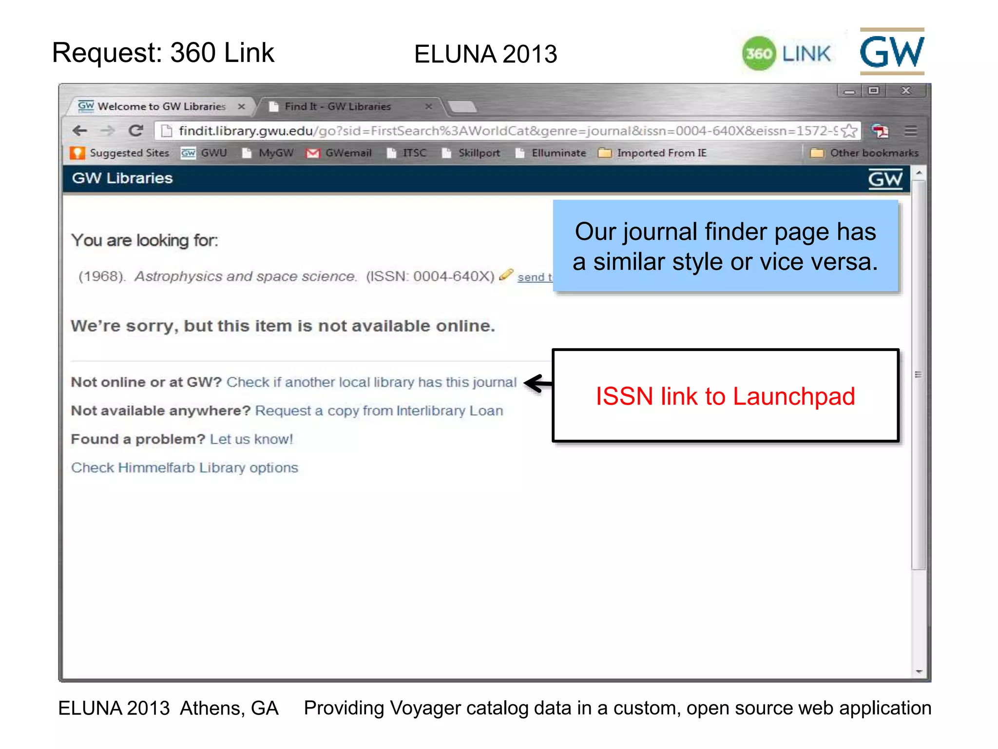 Request: 360 Link ELUNA 2013 
Our journal finder page has 
a similar style or vice versa. 
ISSN link to Launchpad 
ELUNA 2013 Athens, GA Providing Voyager catalog data in a custom, open source web application 
 