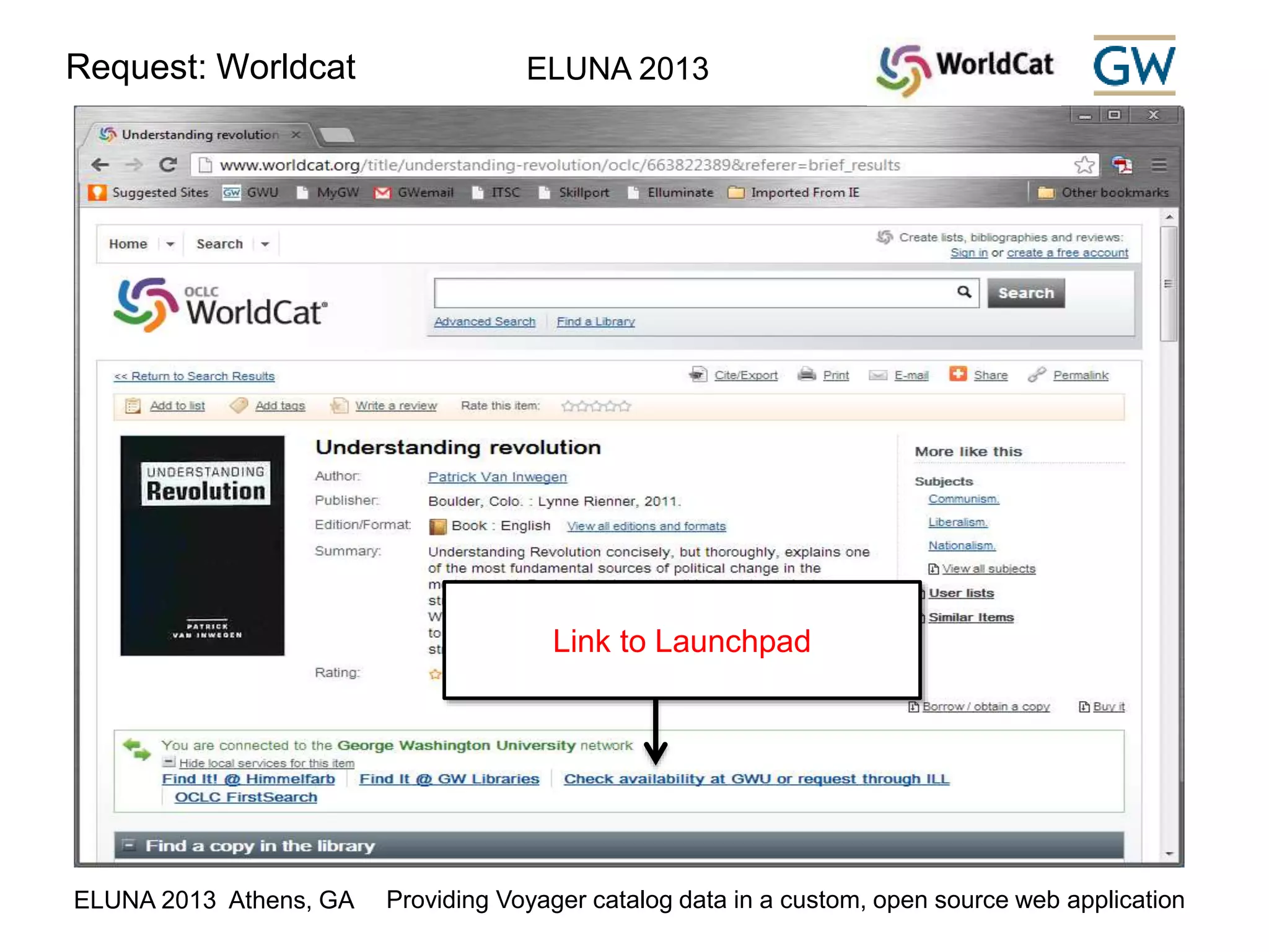Request: Worldcat ELUNA 2013 
Link to Launchpad 
ELUNA 2013 Athens, GA Providing Voyager catalog data in a custom, open source web application 
 