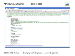 API: Summon Search ELUNA 2014 
ELUNA 2014 Montreal Developing and testing an open source web application 
 