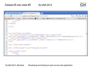 CasperJS use case #2 ELUNA 2014 
ELUNA 2014 Montreal Developing and testing an open source web application 
 