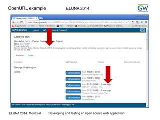 OpenURL example ELUNA 2014 
ELUNA 2014 Montreal Developing and testing an open source web application 
 