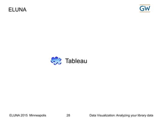 ELUNA 2015 Minneapolis Data Visualization: Analyzing your library data28
Tableau
ELUNA
 