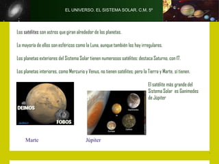 EL UNIVERSO. EL SISTEMA SOLAR. C.M. 5º




Los satélites son astros que giran alrededor de los planetas.

La mayoría de ellos son esféricos como la Luna, aunque también los hay irregulares.

Los planetas exteriores del Sistema Solar tienen numerosos satélites: destaca Saturno, con 17.

Los planetas interiores, como Mercurio y Venus, no tienen satélites; pero la Tierra y Marte, sí tienen.

                                                                              El satélite más grande del
                                                                              Sistema Solar es Ganímedes
                                                                              de Júpiter




     Marte                               Júpiter
 