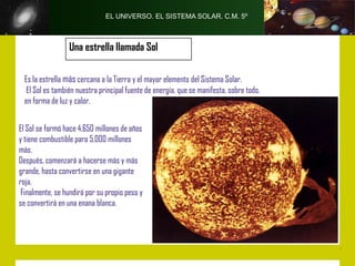 EL UNIVERSO. EL SISTEMA SOLAR. C.M. 5º



                 Una estrella llamada Sol

 Es la estrella más cercana a la Tierra y el mayor elemento del Sistema Solar.
  El Sol es también nuestra principal fuente de energía, que se manifesta, sobre todo,
 en forma de luz y calor.


El Sol se formó hace 4.650 millones de años
y tiene combustible para 5.000 millones
más.
Después, comenzará a hacerse más y más
grande, hasta convertirse en una gigante
roja.
 Finalmente, se hundirá por su propio peso y
se convertirá en una enana blanca.
 